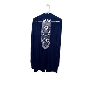 Navy Blue Crochet Back Long Cardigan 35" G Collection Womens 100% Cotton